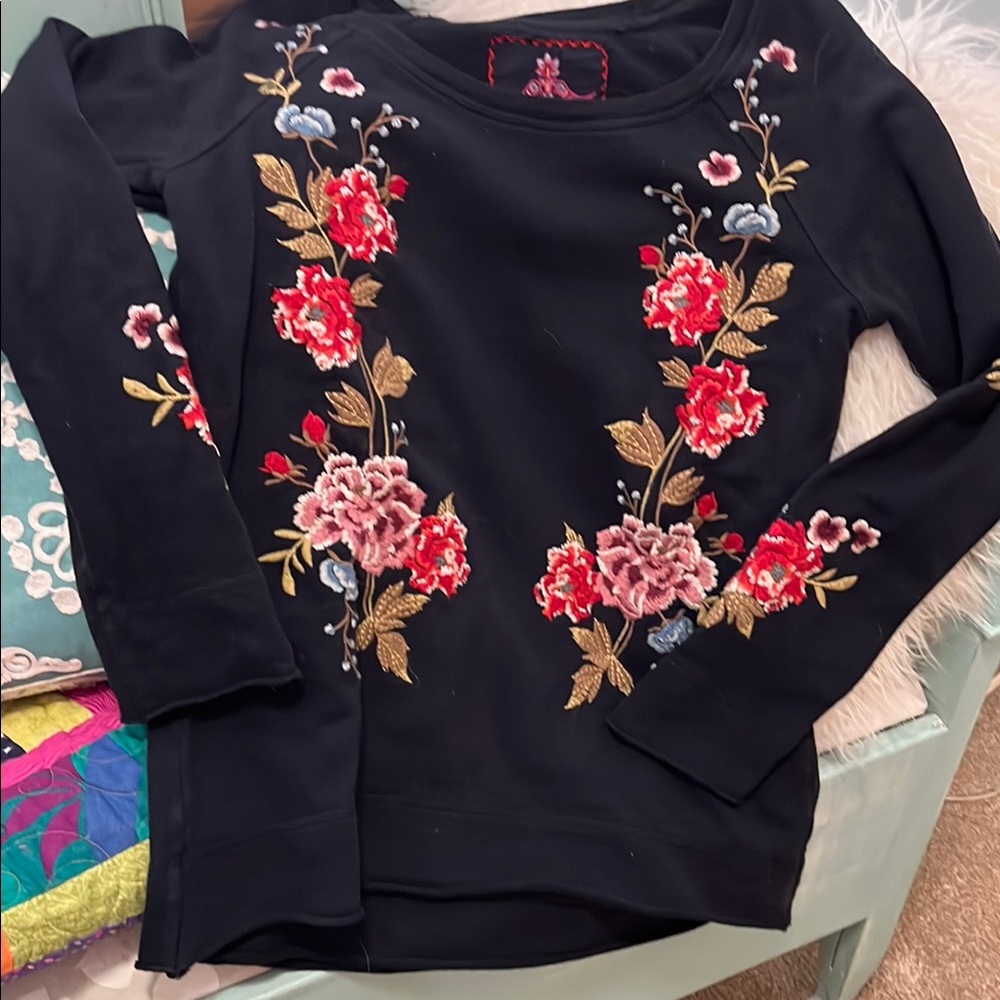 Johnny Was Black Floral Embroidered Top